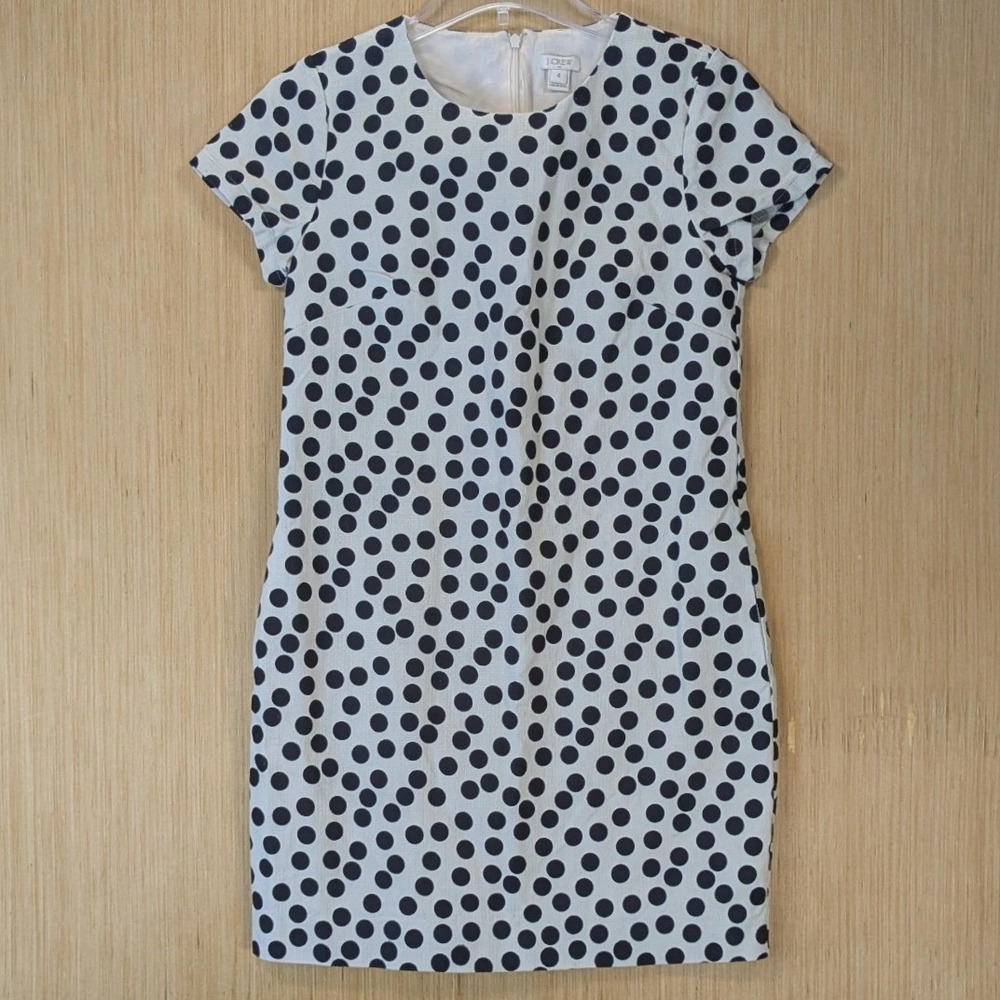 J.Crew Preppy Office Career Twee Polka Dot Shift Dress Size 4 White Black Cotton